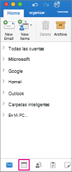 Seleccione el botón calendario en la parte inferior de la lista de carpetas en Outlook