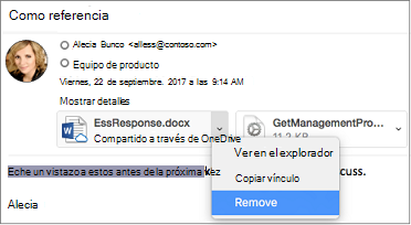 Seleccione la flecha abajo y Quitar para quitar los datos adjuntos