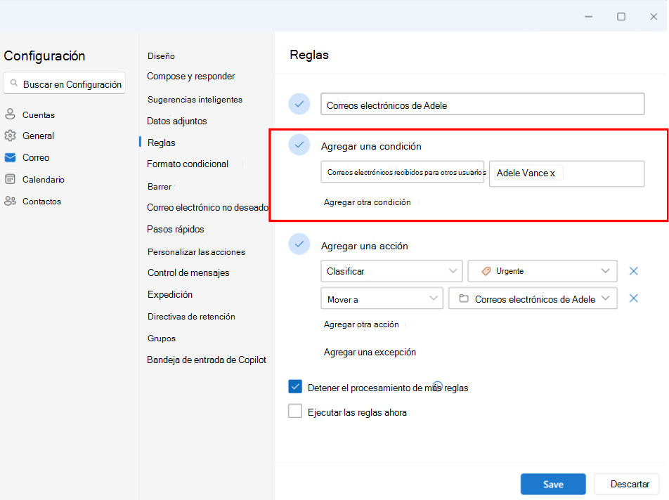 Captura de pantalla que muestra configurar un Email recibido para otras reglas para cuentas de ejecutivos