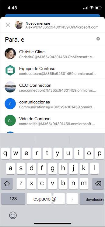 Administrar destinatarios sugeridos en los cuadros Para, CC y CCO con la captura de pantalla móvil de Autocompletar