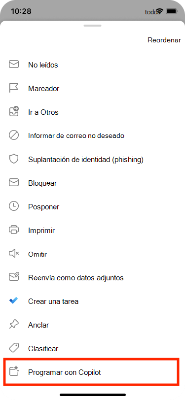 Programación desde Email se puede seleccionar en el menú Más acciones