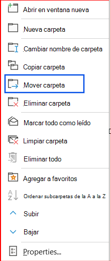 Captura de pantalla de la opción Mover carpeta seleccionada en el panel de navegación.