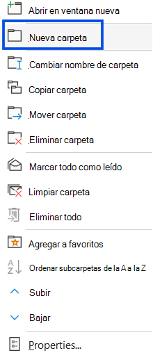Captura de pantalla que muestra la selección de una nueva carpeta en el panel de navegación de Outlook clásico.
