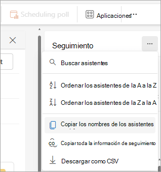 Captura de pantalla del panel seguimiento en el nuevo Outlook que muestra opciones desplegables para copiar la lista de asistentes