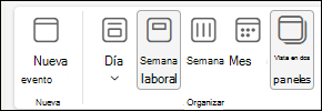 Captura de pantalla de la vista Calendar con la opción Vista en dos paneles seleccionada