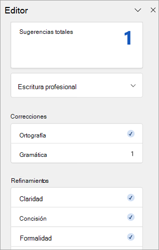 Captura de pantalla del panel del Editor en Outlook