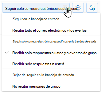 La lista desplegable mostrará las siguientes opciones: seguir en la bandeja de entrada, seguir solo correos electrónicos específicos en la bandeja de entrada o dejar de seguir en la bandeja de entrada.