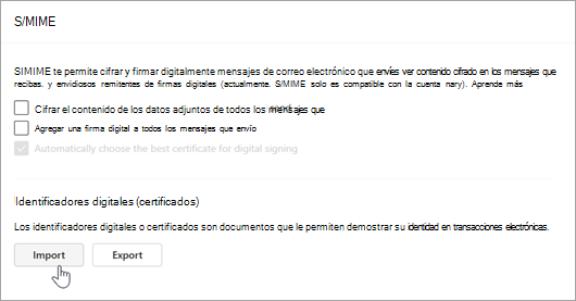 Captura de pantalla que muestra la página S/MIME en Configuración e importación en las secciones Id. digitales