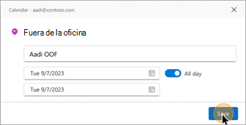 Captura de pantalla que muestra el título y la fecha en una tarjeta de fuera de la oficina