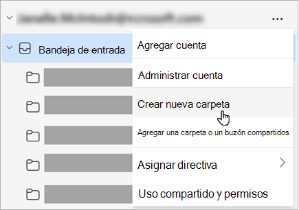 Captura de pantalla de la opción Crear nueva carpeta seleccionada en el menú Más opciones del panel de carpetas
