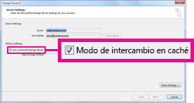 Casilla Usar modo caché de Exchange del cuadro de diálogo Configuración de la cuenta