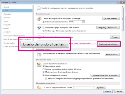 Comando Diseño de fondo y fuentes del cuadro de diálogo Opciones de Outlook
