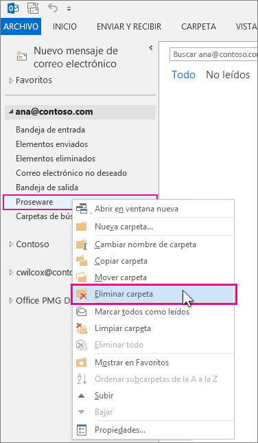eliminando una carpeta en el panel de carpetas