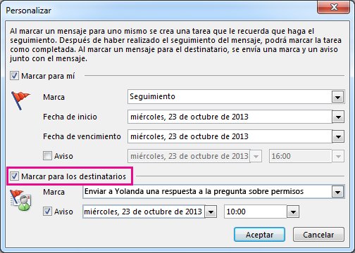 Casilla del comando Marcar para los destinatarios del cuadro de diálogo Personalizar