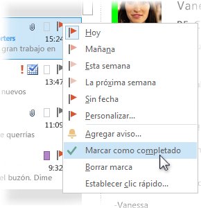 Comando Marcar como completado del menú contextual de la lista de mensajes