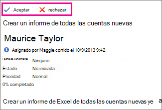Comandos Aceptar o Rechazar de una solicitud de tarea visualizada en el panel de lectura