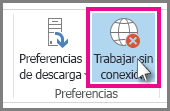 Captura de pantalla del botón Trabajar sin conexión en Outlook 2013.