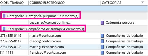 Haga clic en el encabezado de columna Categorías para ordenar la lista por color.