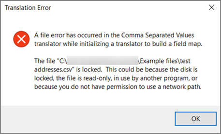 Este es el mensaje de error que recibirá si el archivo de .csv tiene datos con un formato deficiente.
