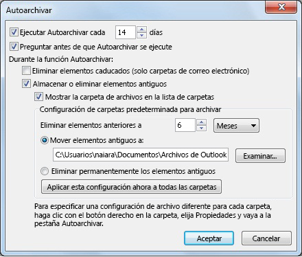 cuadro de diálogo Configuración de Autoarchivar