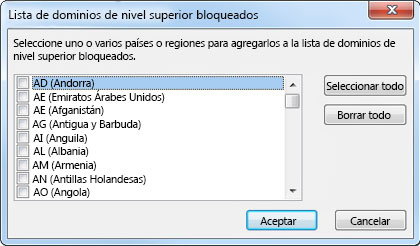 Cuadro de diálogo Lista de dominios de nivel superior bloqueados