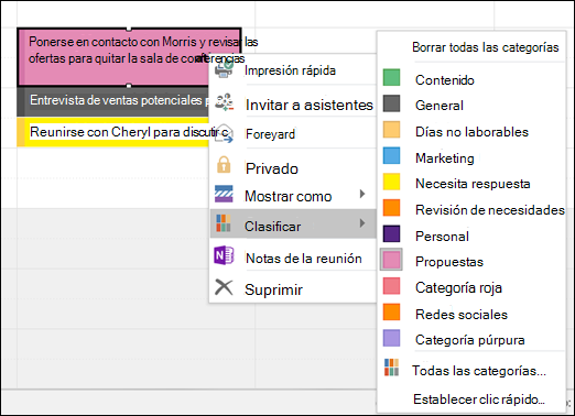 Puede hacer clic con el botón derecho en una cita y asignar una categoría.