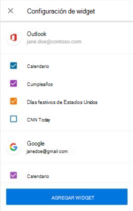 Captura de pantalla que muestra cómo agregar el widget Calendar en Android.