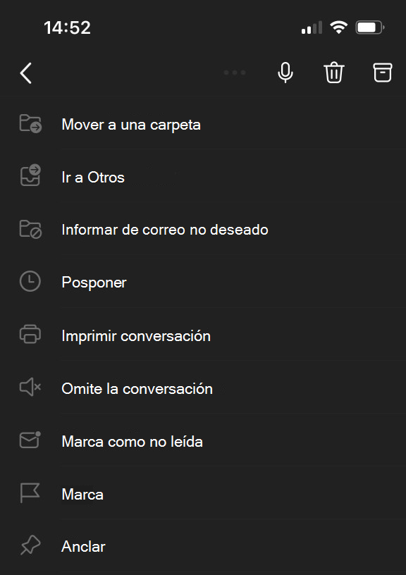 Menú de puntos suspensivos en la parte superior de la pantalla para Outlook Mobile