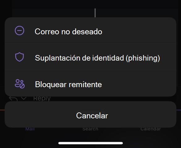 Submenú Correo no deseado para Outlook Mobile