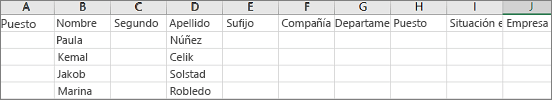 Ejemplo de archivo de .csv de Outlook abierto en Excel