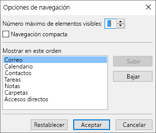 Cuadro de diálogo Opciones de navegación de la barra de acceso rápido