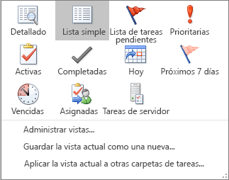 Opciones de la vista actual para las tareas
