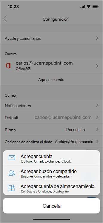 Agregar una cuenta a la aplicación de Outlook