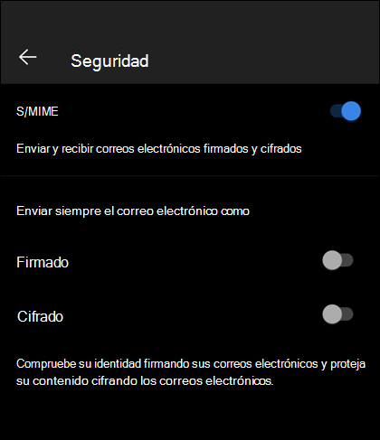 La pantalla de seguridad en Outlook Mobile, que muestra S/MIME habilitado y las opciones Firmado y Cifrado disponibles.