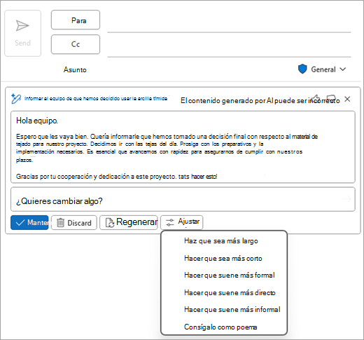 Muestra la página de correo de Outlook clásico, con un borrador de Copilot y las opciones de Ajustar mostradas.
