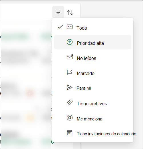 El menú de filtro de mensajes de Outlook muestra que Prioridad alta es una opción.
