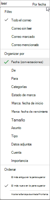Captura de pantalla de la lista desplegable Ordenar mensajes