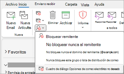 Captura de pantalla que muestra la lista desplegable Bloquear remitente con las opciones de correo electrónico no deseado seleccionadas