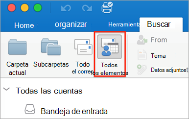 Muestra el botón Todos los elementos en la pestaña Buscar