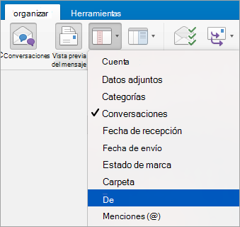Muestra la selección de la opción De en el menú Organizar por