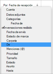 Muestra la selección de Desde en el menú Por