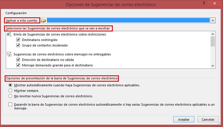 Opciones de Información sobre correo de Outlook