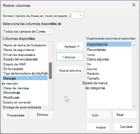 Ver la configuración de las columnas en Outlook