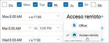 Captura de pantalla que muestra remoto seleccionado en la lista desplegable de ubicaciones de trabajo