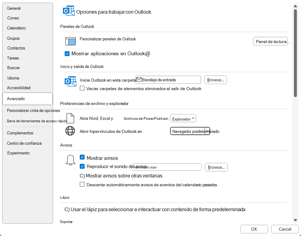 La pestaña Avanzadas del cuadro de diálogo Opciones de Outlook.