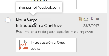 Captura de pantalla del cursor sobre un nombre de remitente