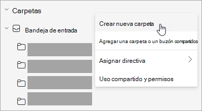 Captura de pantalla de la opción Crear nueva carpeta seleccionada en el menú Más opciones del panel de carpetas