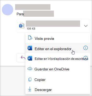 Captura de pantalla que muestra la lista desplegable de datos adjuntos con la opción Editar en el explorador seleccionada