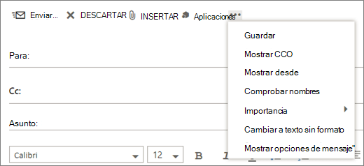 Captura de pantalla que muestra las opciones disponibles en el comando Más de la barra de herramientas del mensaje de correo.