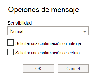 Captura de pantalla que muestra el cuadro de diálogo Opciones de mensaje que muestra las opciones para establecer un nivel de confidencialidad y solicitar una confirmación de entrega o lectura.